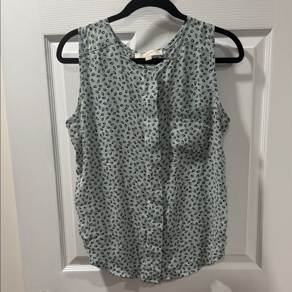 LOFT Sleeveless Top - Aqua with Black Print